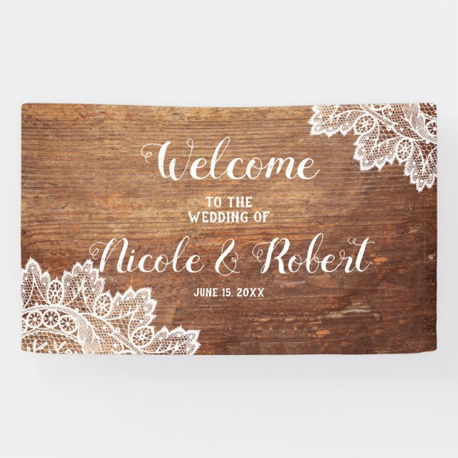 Rustic Wood White Lace Wedding Welcome Banner (Horizontal)