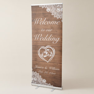 Rustic Wood & White Lace Wedding Welcome Retractable Banner