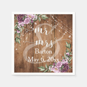 Rustic Wood, White Light Flowers Mr & Mrs Napkin