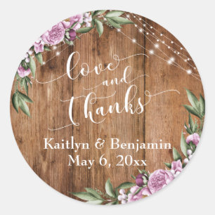 Rustic Wood, White Lights, Flowers Love and Thanks Classic Round Sticker