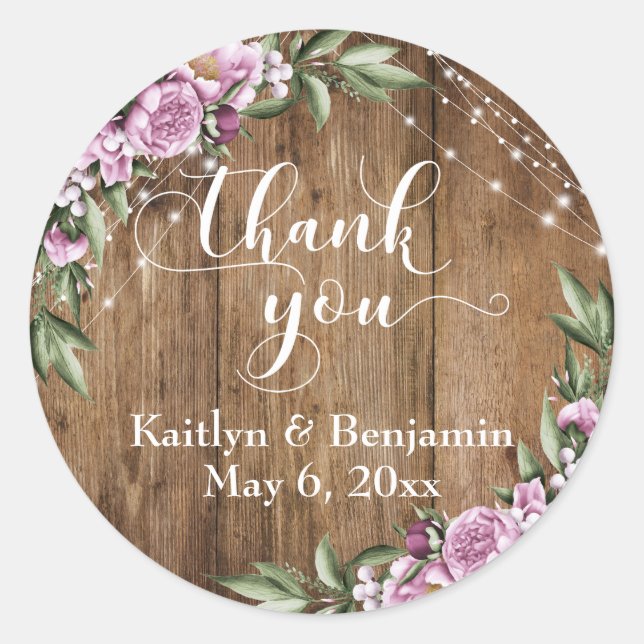 Rustic Wood, White Lights, Flowers Thank You Classic Round Sticker (Front)