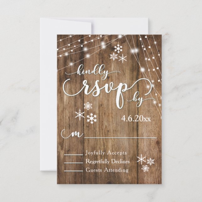 Rustic Wood, White Lights & Snowflakes RSVP Card (Front)