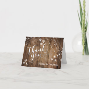 Rustic Wood, White Lights & Snowflakes Thank You Card