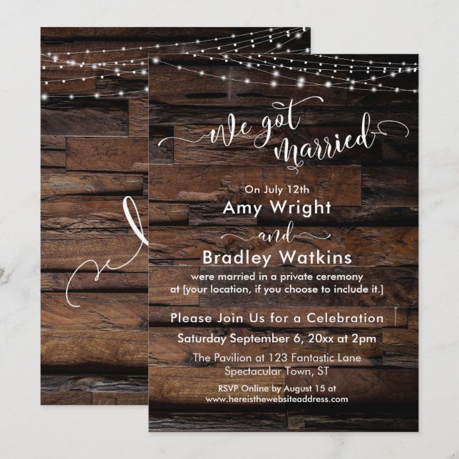 Rustic Wood White Lights We Got Married Invitation (Front/Back)