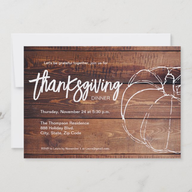 Rustic Wood White pumpkin Thanksgiving Dinner Invitation (Front)