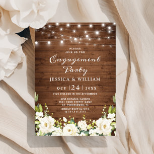 Rustic Wood White Roses Hydrangea Engagement Party Invitation