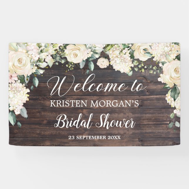 Rustic wood white roses hydrangeas bridal shower banner (Horizontal)