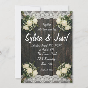 Rustic Wood White Roses Lace Wedding Invitation