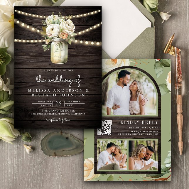 Rustic Wood White Roses Mason Jar QR Code Wedding Invitation (Creator Uploaded)