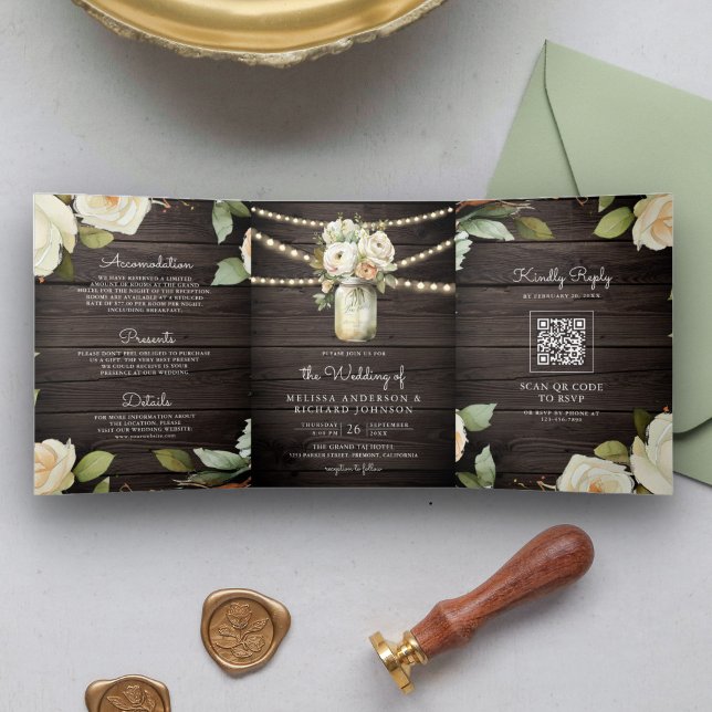 Rustic Wood White Roses Mason Jar QR Code Wedding Tri-Fold Invitation (Creator Uploaded)