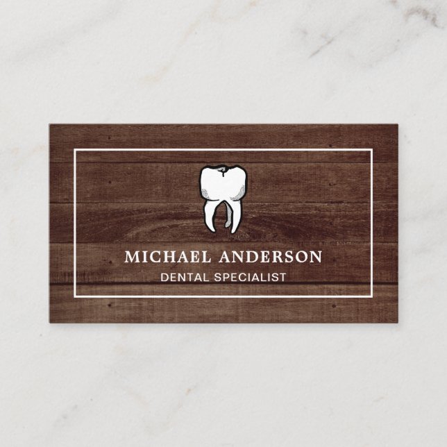 Rustic Wood White Tooth Dental Clinic Dentist Business Card (Front)
