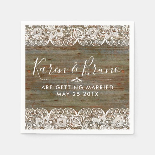 Rustic Wood & White Vintage Floral Lace Napkin (Front)