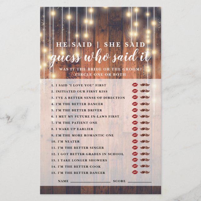 Rustic Wood Who Said it Bridal Shower Games (Front)