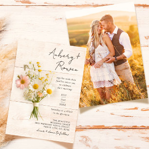 Rustic Wood Wildflower Bouquet Boho Photo Wedding Invitation