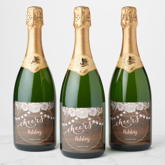 Rustic Wood Wildflowers Bridal Shower Sparkling Wine Label (Bottles)