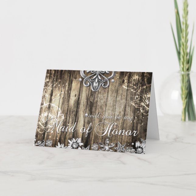 Rustic Wood Will you be my Maid of Honour Card (Front)