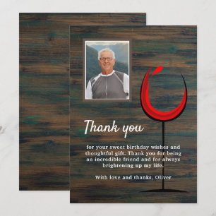 Rustic Wood Wine Glass 60th Birthday Photo Thank You Card