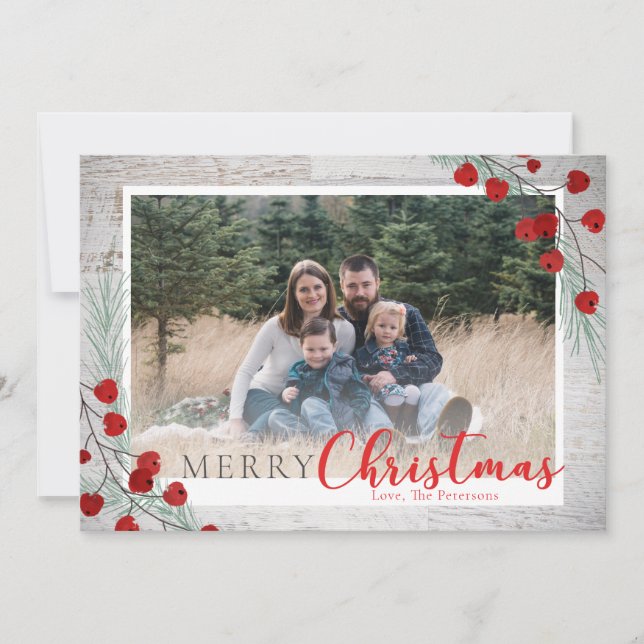 Rustic Wood Winter Berries Christmas Photo Holiday Card (Front)