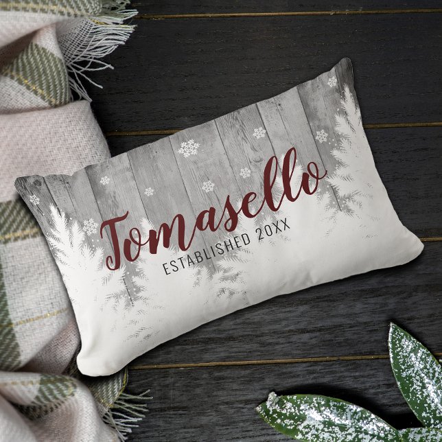 Rustic Wood Winter Pine Trees Burgundy Name Lumbar Cushion (Rustic Wood Winter Pine Trees Burgundy Name Lumbar Pillow)