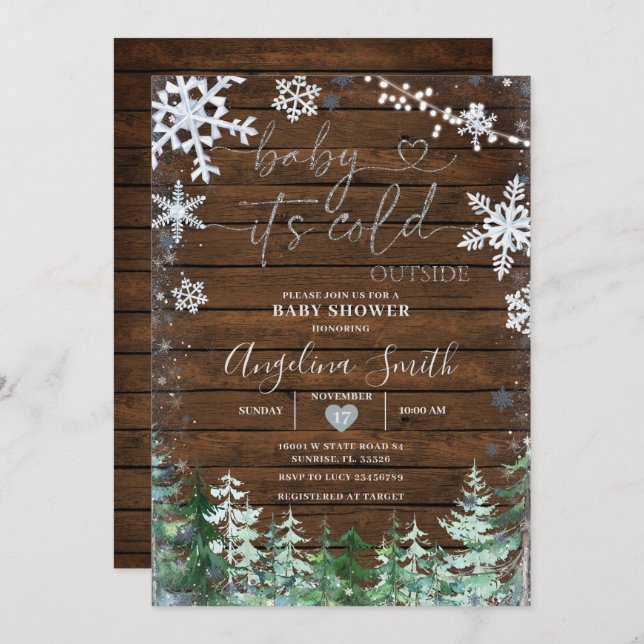 Rustic Wood Winter Snowflake Forest Baby Shower  Invitation (Front/Back)