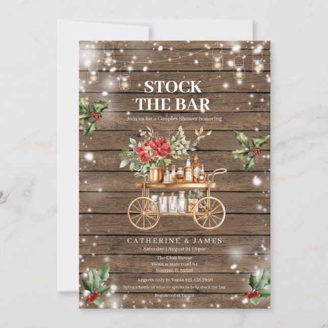 Rustic Wood Winter String lights Stock The Bar  Invitation (Front)