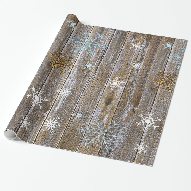 Rustic Wood with Blue and Gold Snowflakes Christma Wrapping Paper (Unrolled)