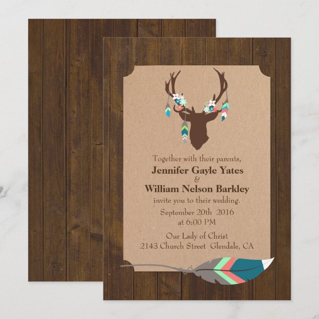 Rustic Wood with Deer Head Wedding Invitation (Front/Back)