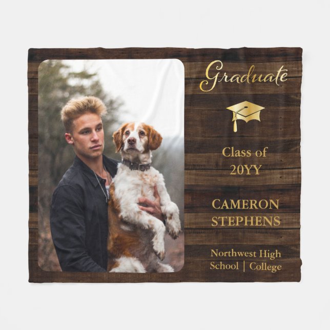 Rustic Wood with Gold Tone Graduate Photo  Fleece Blanket (Front (Horizontal))