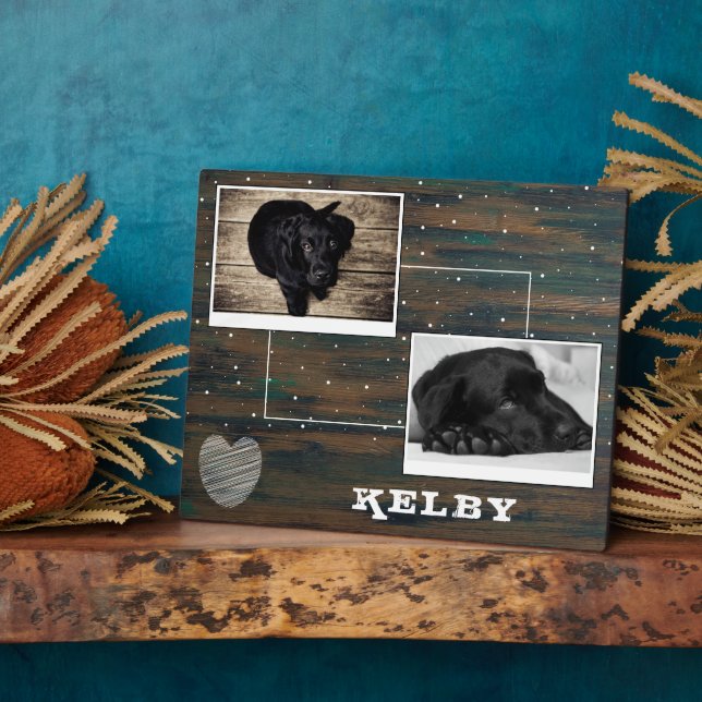 Rustic Wood with Heart Pet Dog 2 Photo Collage Plaque (Side)