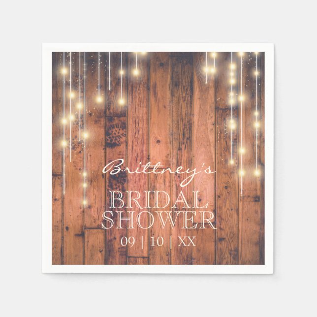 Rustic Wood with String Lights | Bridal Shower Napkin (Front)