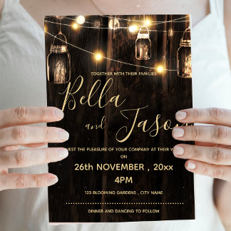 Rustic Wood With String Lights Lanterns Wedding Invitation Postcard