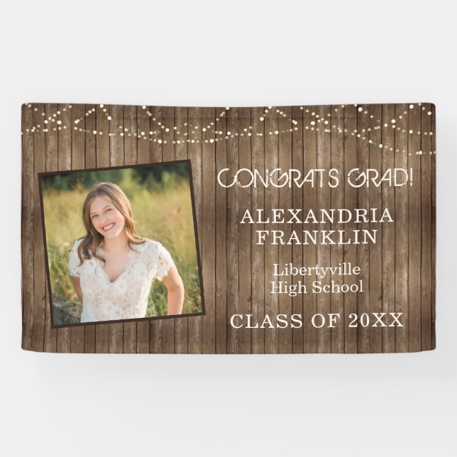 Rustic Wood with String Lights & Photo Graduation Banner (Horizontal)