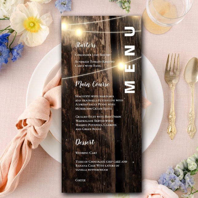 Rustic Wood With String Lights Wedding Party Menu (Rustic Wood With String Lights Wedding Party Menu)