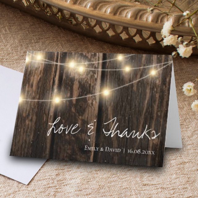 Rustic Wood With String Lights Wedding Thank You Card (Creator Uploaded)