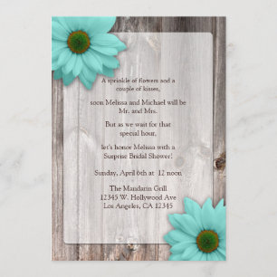 Rustic Wood with Teal Blue Daisies Bridal Shower Invitation