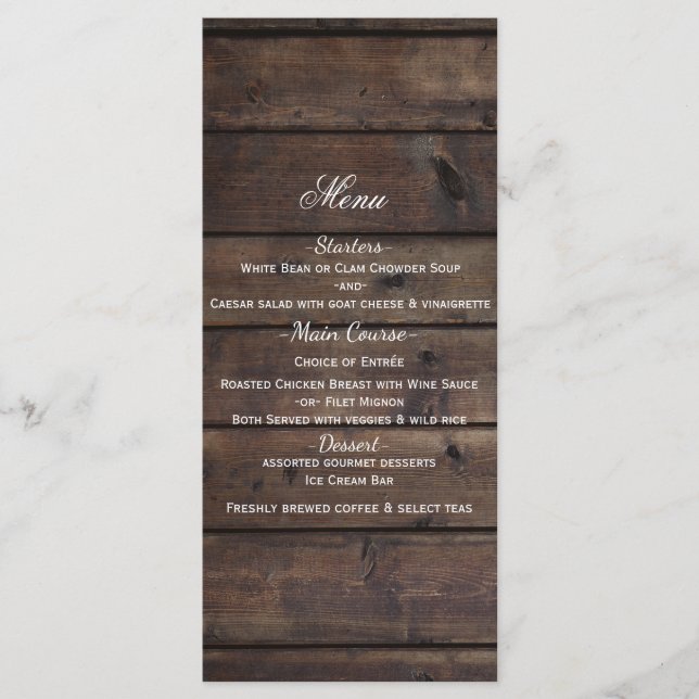 Rustic Wood Wooden Country Barn Style Wedding Menu (Front)
