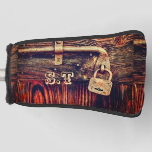 Rustic wood woodgrain antique brass lock brown golf head cover