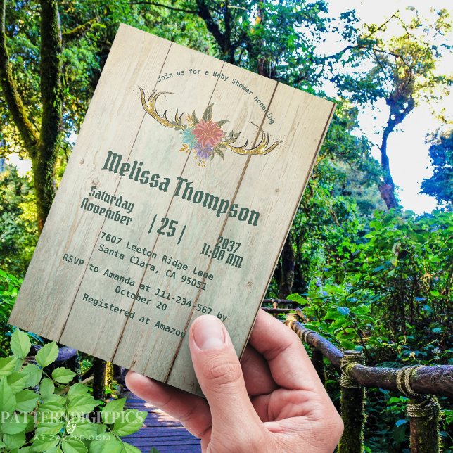Rustic Wood Woodland Deer Green Forest Baby Shower Invitation (Creator Uploaded)