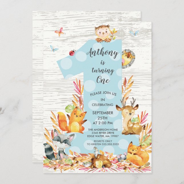 Rustic Wood Woodland One Boys Birthday Invitation (Front/Back)