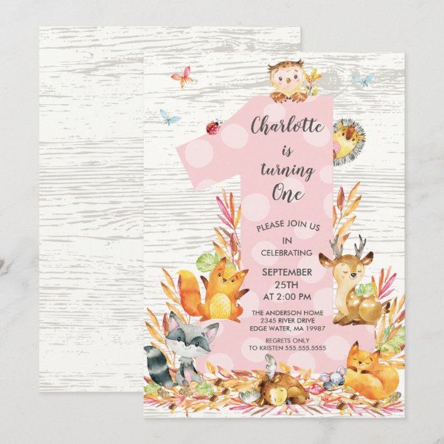 Rustic Wood Woodland One Girls Birthday Invitation (Front/Back)