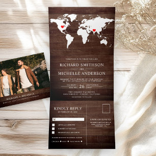 Rustic Wood World Map All in One Wedding Tri-Fold Invitation