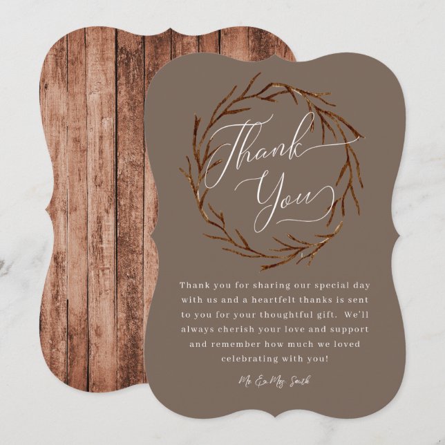 Rustic Wood Wreath Wedding Thank You Card (Front/Back)