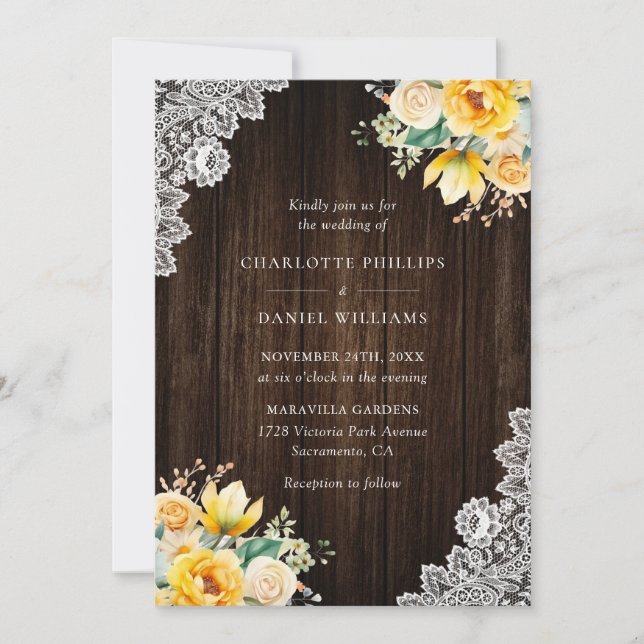Rustic Wood Yellow Botanical Wedding Invitation (Front)