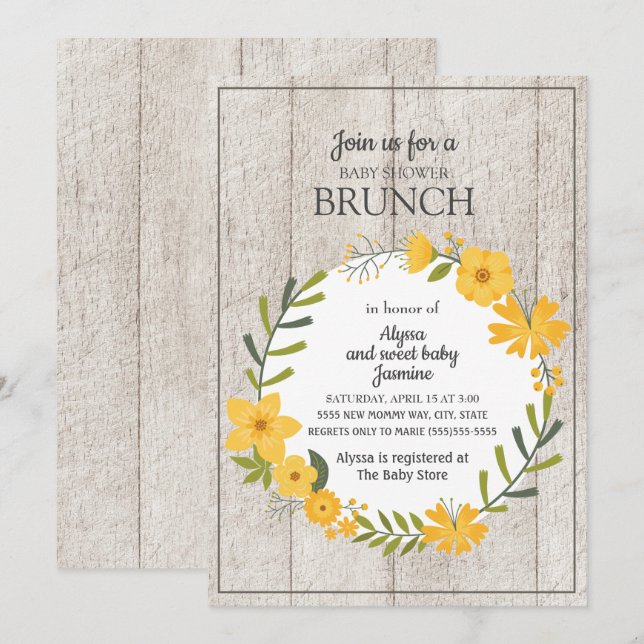 Rustic Wood Yellow Floral Baby Shower Brunch Invitation (Front/Back)