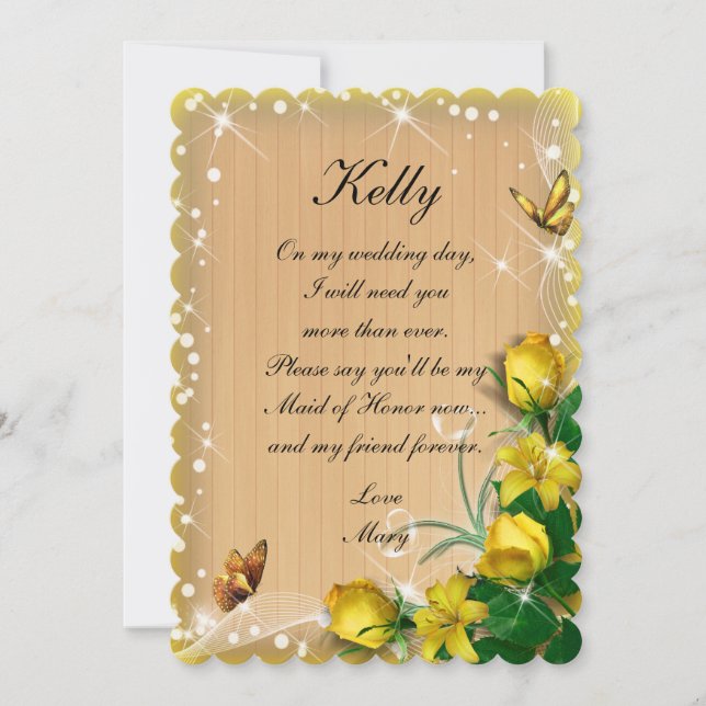 Rustic Wood Yellow Floral Butterfly Maid Of Honour Invitation (Front)