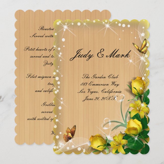Rustic Wood Yellow Floral Butterfly Menu Card (Front/Back)