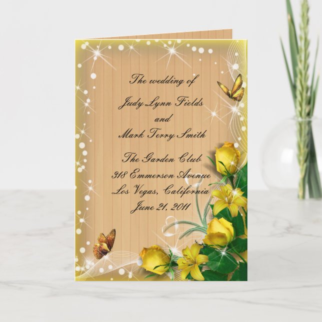 Rustic Wood Yellow Floral Butterfly Program Card (Front)