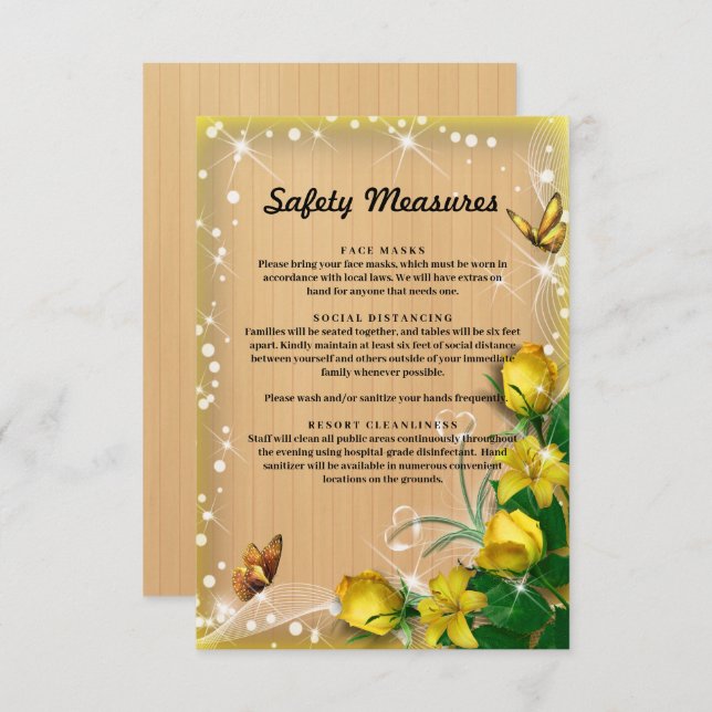Rustic Wood Yellow Floral Butterfly Safety Measure Enclosure Card (Front/Back)