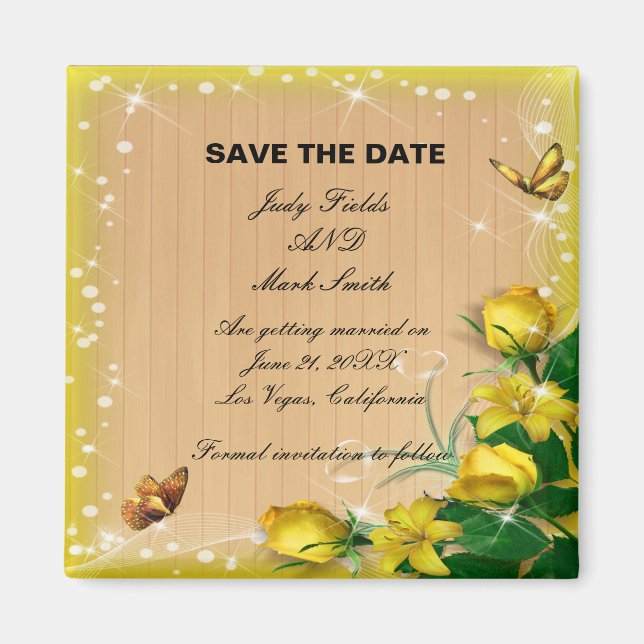 Rustic Wood Yellow Floral Butterfly Save The Date Magnet (Front)