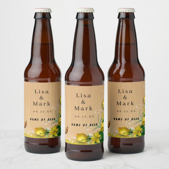 Rustic Wood Yellow Floral Butterfly Wedding Beer Bottle Label (Bottles)